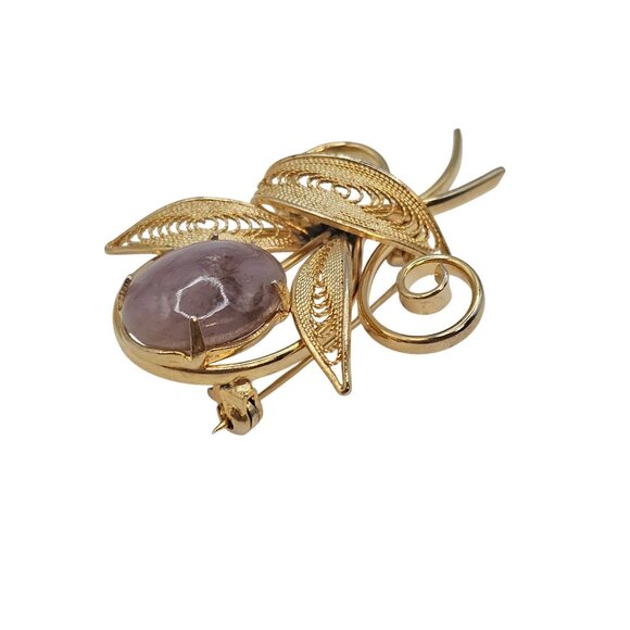 Gold Toned Filgree Flower Shaped Swirled Amethyst/Purple Quartz Fashion Brooch - Picture 9 of 12